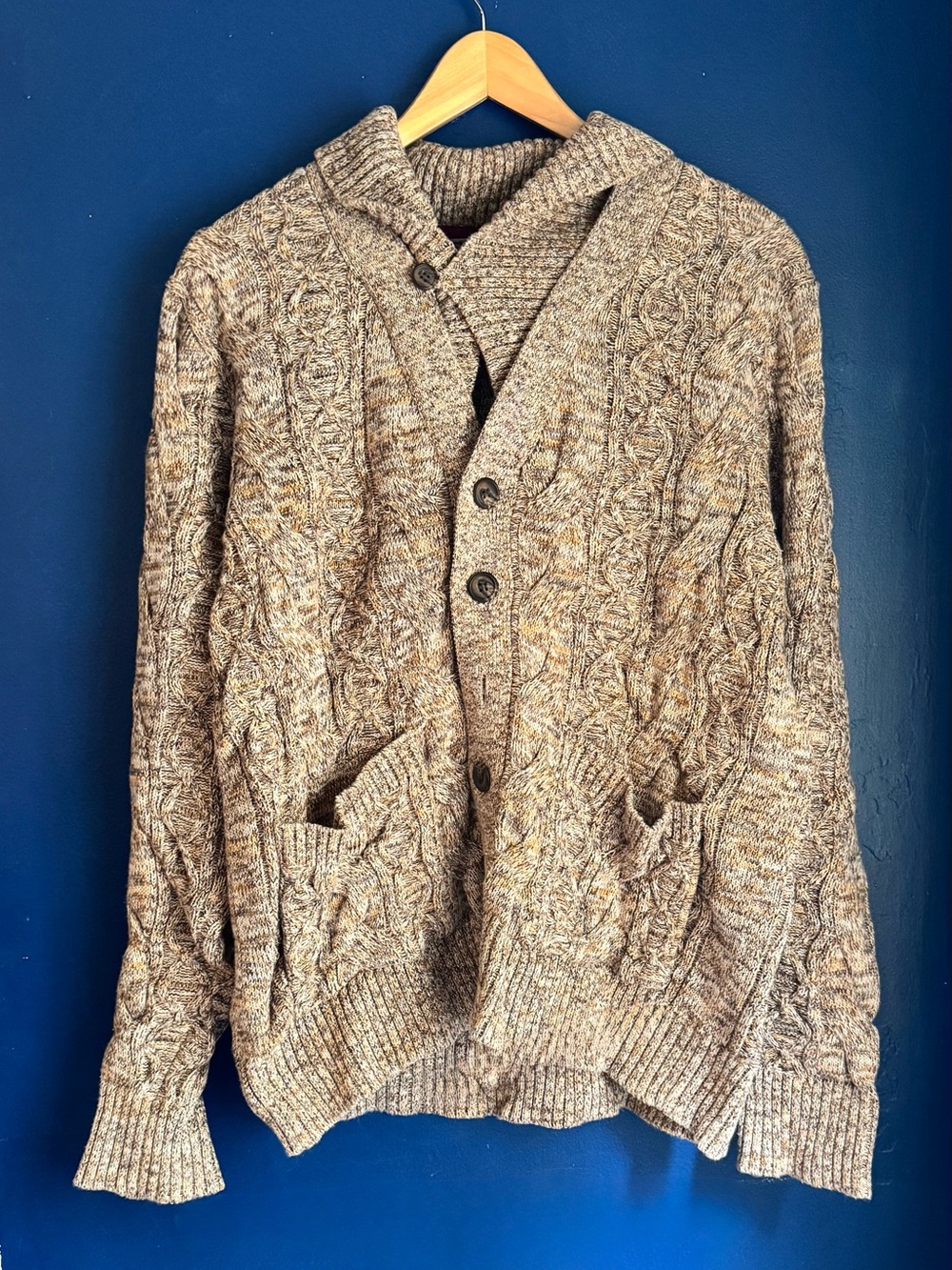 Revolution Men's Marled Tan Brown Cable-Knit Cardigan